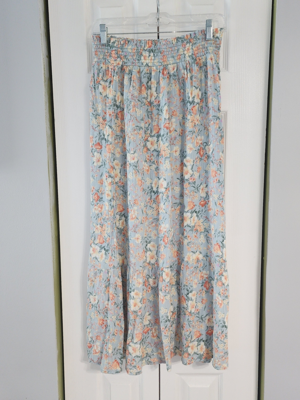 Pink Rose Pastel Blue Floral Smocked Tiered Maxi Skirt Boho Cowgirl Style Size M